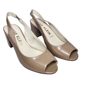 Anne Klein Tan Nude Peep Toe Slingback Heels 3" 7.5 Patent Leather iFlex Maurise